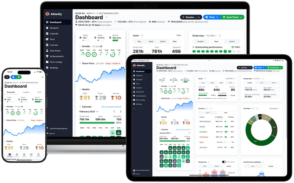 Athenify study tracker dashboard with focus timer, streaks, and study statistics