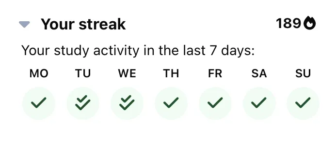 Streak display with flame symbols for daily studying